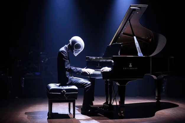 Musicien extraterrestre jouant une mélodie transe sur un piano à queue dans une salle de concert créée avec une IA générative