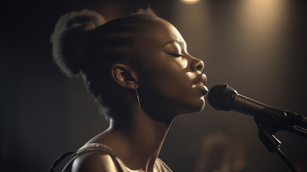 Photo musicien femme afro-américaine jeune adulte chantant et jouant de la guitare sur scène dans la salle de musique generative ai aig22