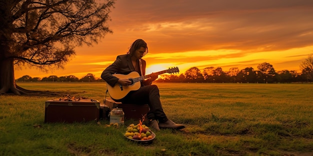 Musicien avec guitare sur l'herbe au coucher du soleil mélomane Amour musique