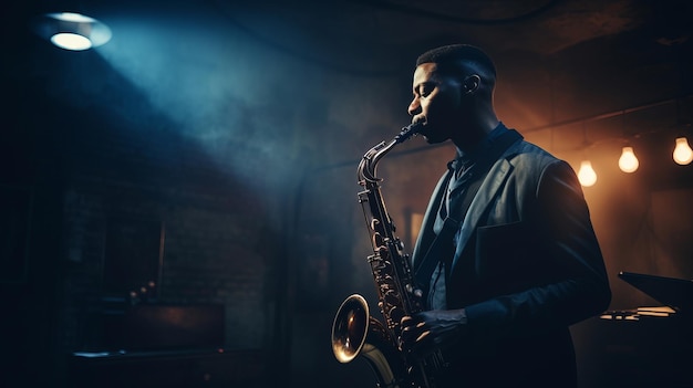 Un musicien de jazz noir en tenue formelle joue une mélodie émouvante sur un sax à l'intérieur