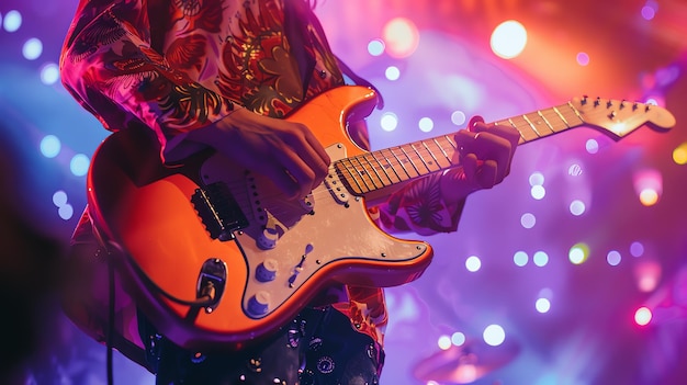 Photo un musicien jouant d'une guitare électrique sur scène la guitare est orange vif et le fond est un flou de lumières violettes et bleues