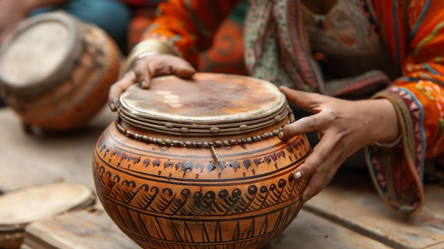 Photo un musicien jouant d'un tambour traditionnel du moyen-orient le tambour est fait d'argile et a un beau design