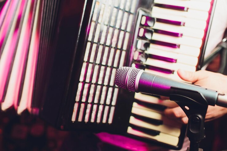 Photo le musicien joue du microphone accordéon en gros plan