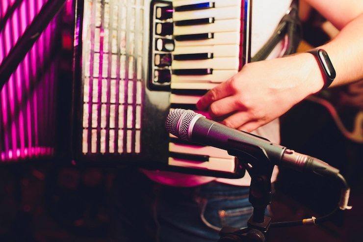 Photo le musicien joue du microphone accordéon en gros plan