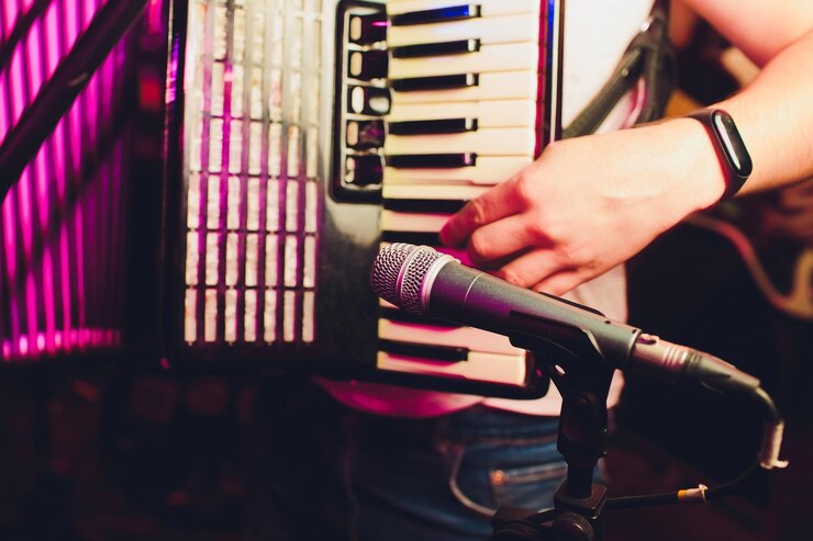 Photo le musicien joue du microphone de l'accordéon.