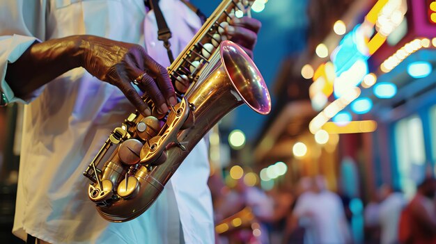 Photo un musicien joue du saxophone dans un bar faiblement éclairé l'accent est mis sur les mains du musicien et le saxophone le fond est flou et flou