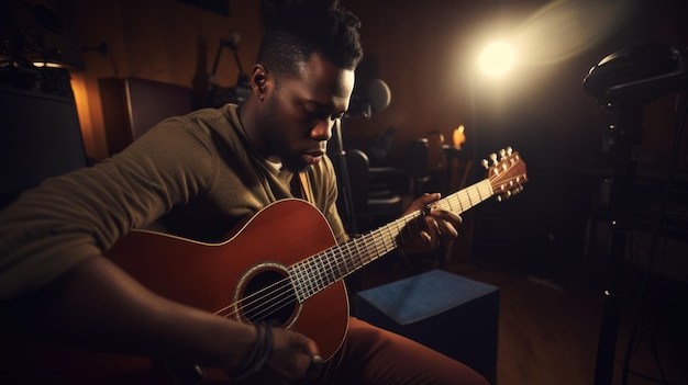 Photo musicien male africanamerican 30s jouant de la guitare dans un studio d'enregistrement generative ai aig22