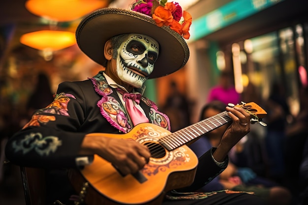 Un musicien de mariachi mexicain jouant de la guitare et chantant