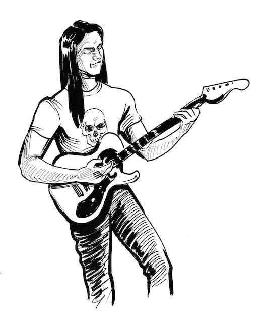 Musicien rock jouant de la guitare électrique. Dessin noir et blanc à l'encre