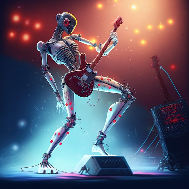 Musicien de rock robot jouant de la guitare lors d'un concert dans les rayons de néon illustration 3d