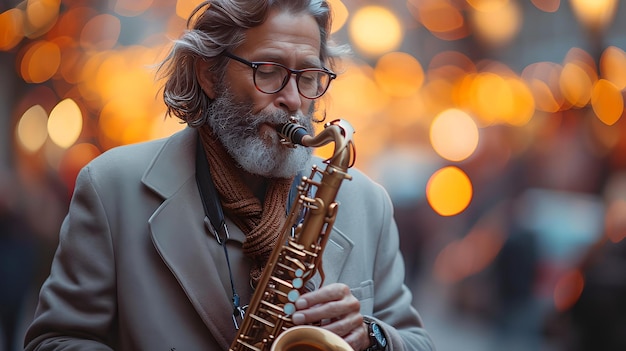 Un musicien de rue enchante la foule en soirée avec des mélodies de saxophone, une scène urbaine atmosphérique capturée dans la lumière du crépuscule AI
