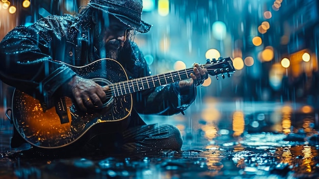 Un musicien de rue jouant de la guitare dans une ville pluvieuse la nuit.