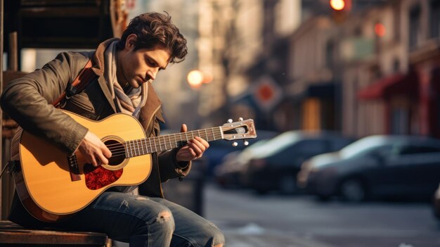 Un musicien de rue joue de la guitare. Une belle illustration. Une IA générative.