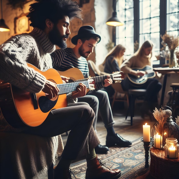Photo les musiciens jouent harmonieusement dans le café intime sur un après-midi d'hiver confortable leurs mélodies remplissent le