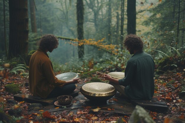 Des musiciens jouent des panneaux à main dans une forêt brumeuse