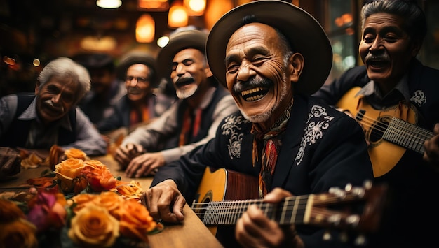 Musiciens mexicains jouant de la guitare et chantant dans un restaurant mexicain traditionnel