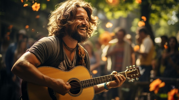 Des musiciens de rue joyeux jouant de la guitare.