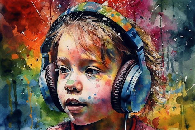 La musique d'un enfant avec un casque est visualisée comme un festival de lumière et de couleur