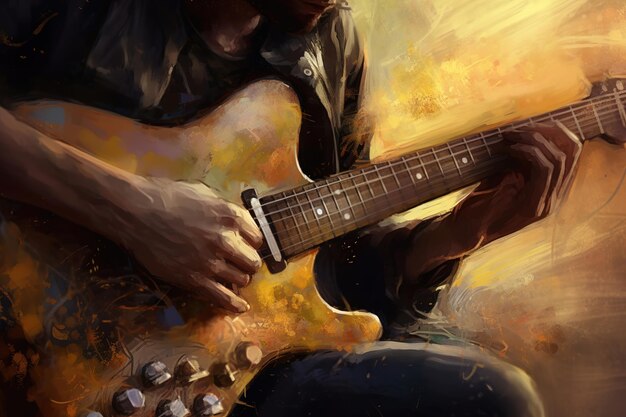 Musique sur la guitare Close-up des mains d'un guitariste jouant d'une guitare électrique Illustration générative d'IA