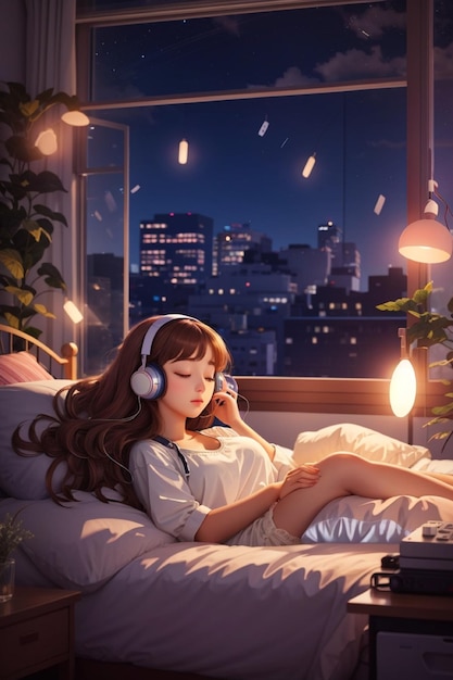 musique lofi belle fille écouter de la musique et fond d'écran de lit de couchage