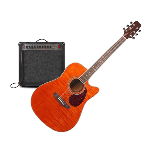 Musique et son Amplificateur de guitare électro-acoustique Orange et vue de face du câble isolé