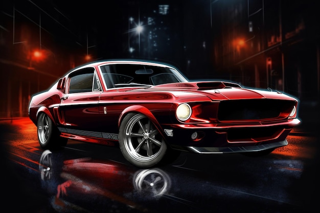 Une mustang rouge avec le mot mustang sur le devant.