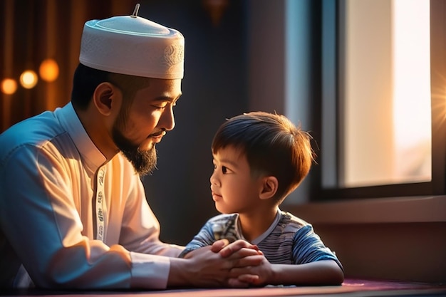 Un musulman asiatique religieux enseigne à son petit fils à prier Dieu avec le chapelet à la maison à la lumière du coucher du soleil.
