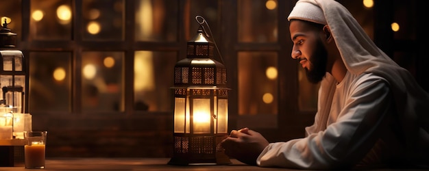 Un musulman prie devant une lampe allumée