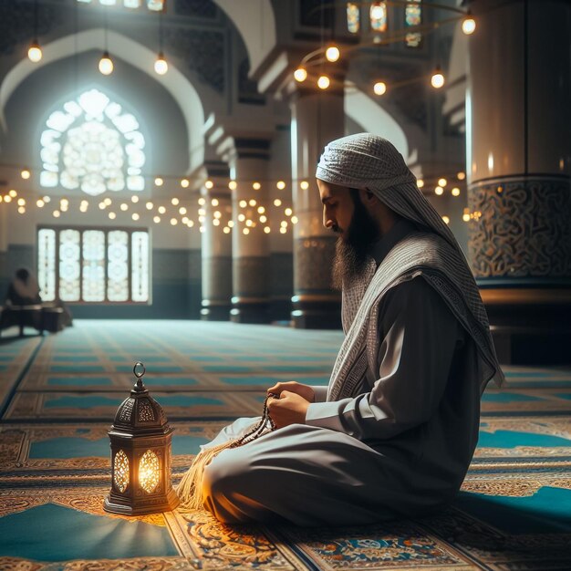 Un musulman religieux prie à l'intérieur de la mosquée.