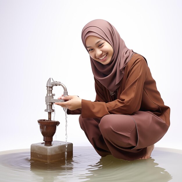 Photo une musulmane indonésienne portant un hijab effectue une ablution avec de l'eau du robinet avant de prier