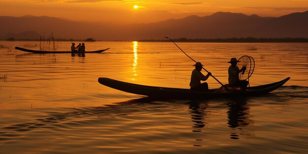 Myanmar Inle personnes pêchant au coucher du soleil