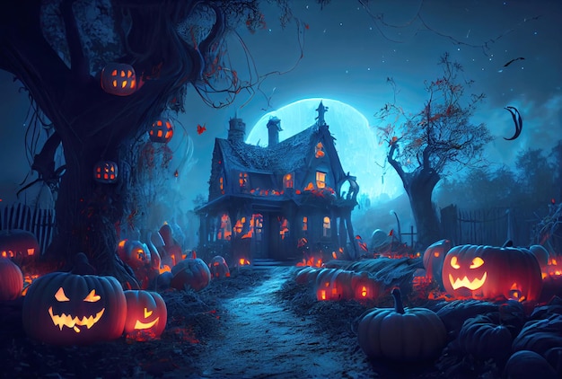 Mystère maison hantée dans la forêt avec de nombreuses citrouilles Jack O Lantern rougeoyantes arrière-plan Spooky et concept de jour d'Halloween Generative AI