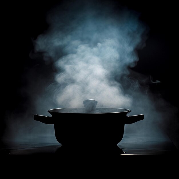 Photo mystère vapeur pot émettant de la vapeur logo sombre casserole dans l'ombre pour les médias sociaux taille du message