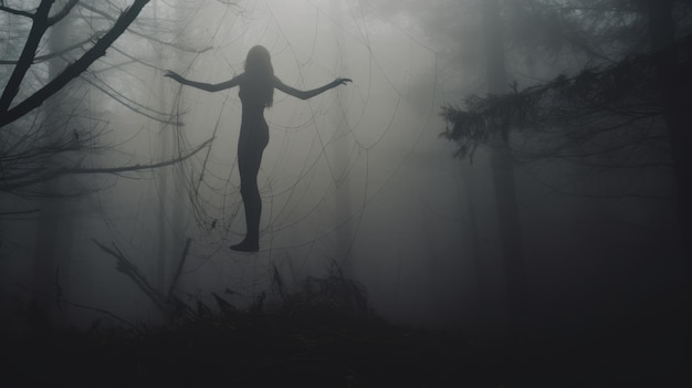 Mystérieuse brume Une femme sombre suspendue dans les bois sombres