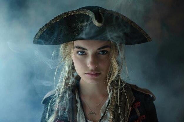 Photo une mystérieuse femme pirate dans un décor fumé.