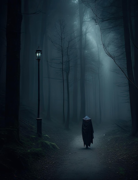 Mystérieuse forêt sombre avec du brouillard et une femme dans un manteau noir