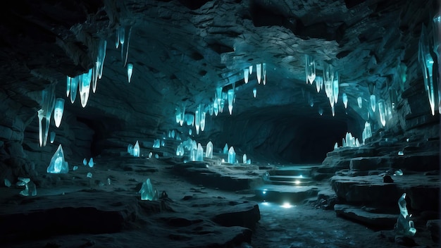 Une mystérieuse grotte de cristal lumineuse la nuit