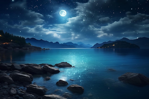 La mystérieuse lune bleue touche l'horizon au bord de l'océan contre un ciel étoilé dans le