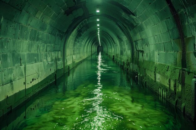 Photo une mystérieuse voie navigable souterraine avec un éclairage sombre et une surface réfléchissante dans un tunnel abandonné