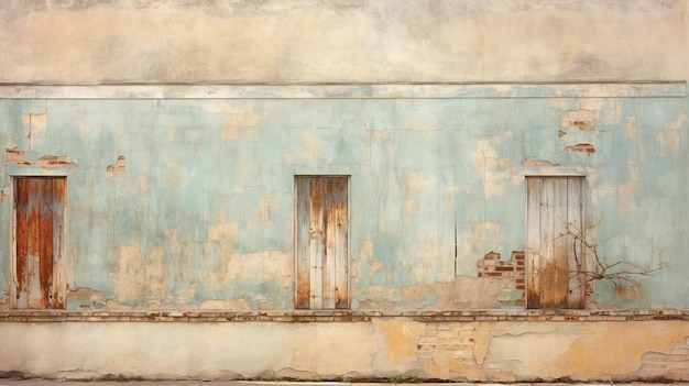 Photo mystérieux abandon, façade usée d'un magasin vintage, peinture bleue et blanche fanée, fenêtres sales.