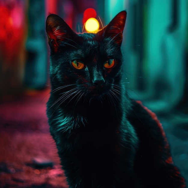 Mystérieux chat noir avec des yeux brillants la nuit