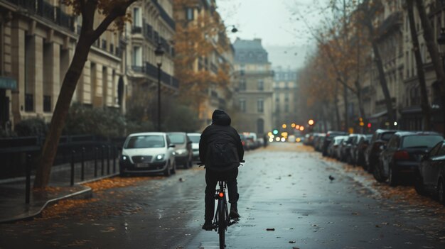 Photo un mystérieux homme à vélo dans une rue parisienne.