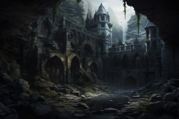 Mystérieux Monastère fantastique sombre Église lumineuse en pierre Générer Ai