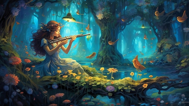 Un mystérieux musicien jouant de la flûte dans une forêt enchantée