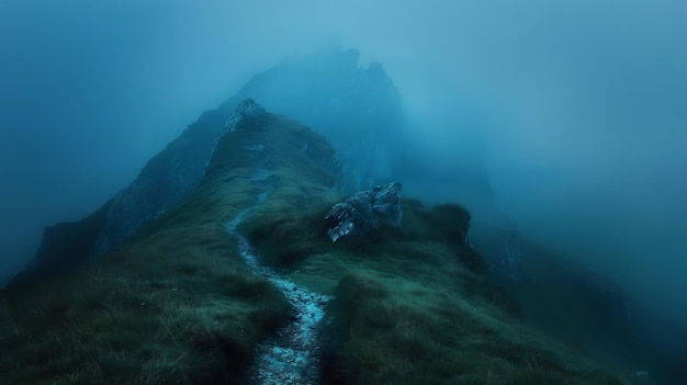 Mystérieux sentier de crête de montagne sous une atmosphère brumeuse lourde