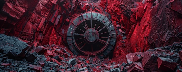 Photo mystérieux tunnel souterrain caché au milieu d'un terrain rocheux rouge en ruine avec de grands cercles