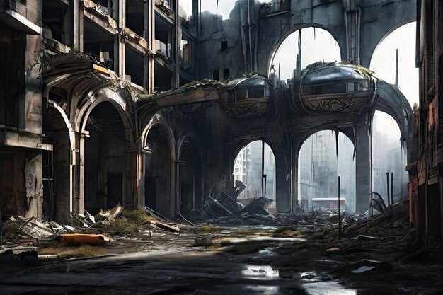 Photo mysterious allure of city ruins melded with futuristic remnants haunting chaos