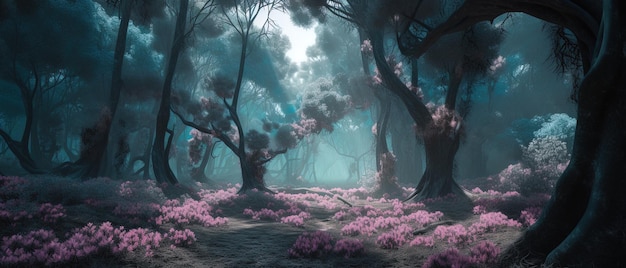 Mystical Grove Une conception de forêt 3D avec des arbres et des fleurs oniriques