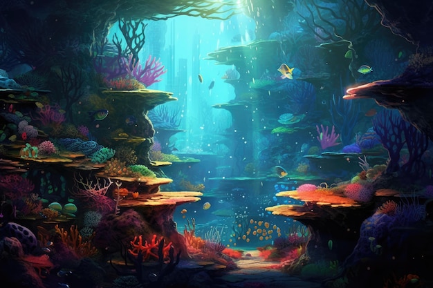 Mystical Underwater Realm panorama fascinant d'un royaume sous-marin mystique