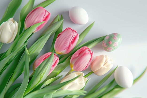 n tulipes de printemps avec des œufs de Pâques sur fond blanc
